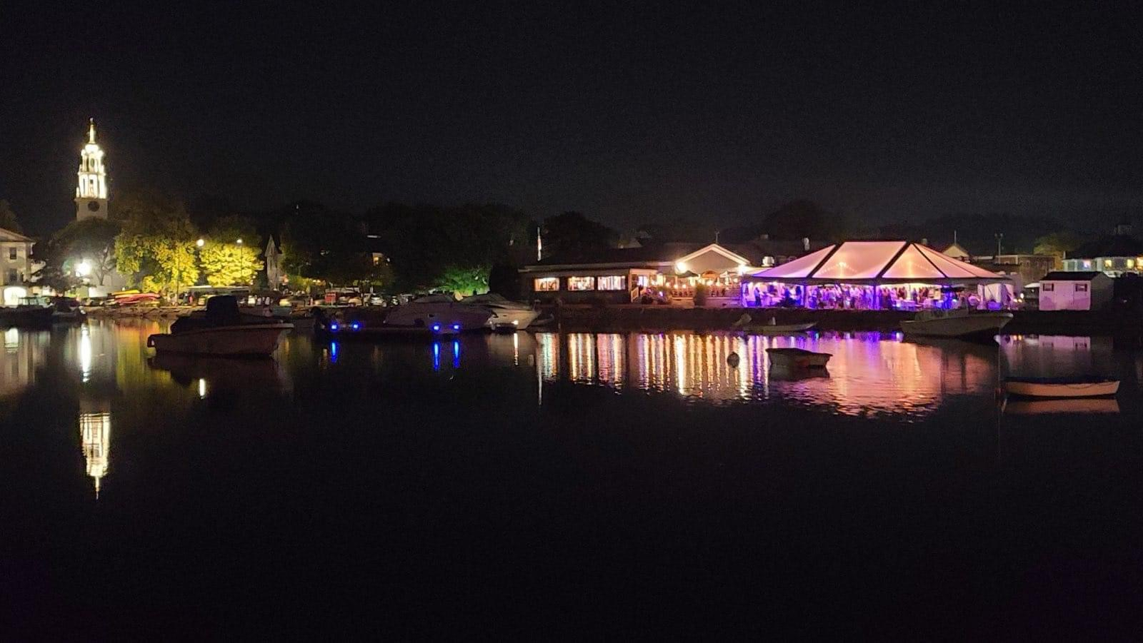 Manchester Harbor at night beside the Function Hall